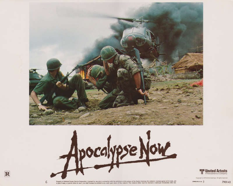 A vintage Apocalypse Now USA lobby card featuring soldiers and a chopper