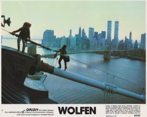 A dramatic scene high above New York City in Wolfen (1981)