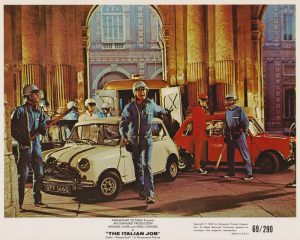 A scene from The Italian Job (1969) featuring iconic Mini Coopers