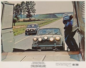 A vintage The Italian Job (1969) USA Lobby Card featuring Mini Cooper cars