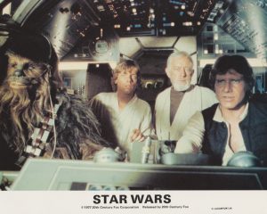 Vintage Star Wars (1977) Front of House card featuring Chewbacca, Luke Skywalker, Ben Kenobi and Han Solo