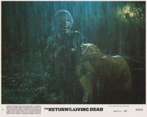 A scene from The Return of the Living Dead (1985) captured on a vintage American cinema lobby card