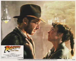 Harrison Ford and Karen Allen in a romantic scene from Raiders of the Lost Ark (1981)