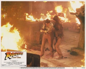 Marion Ravenwood's bar is ablaze in a scene from Raiders of the Lost Ark (1981)