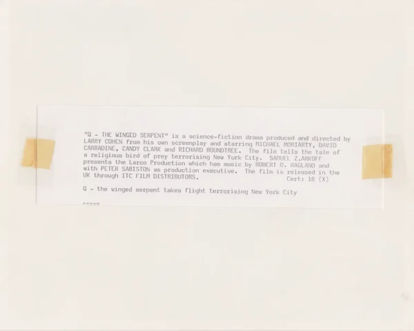 Q: The Winged Serpent (1982) Press Kit Photograph (reverse side)