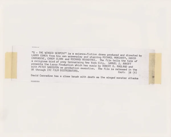 Q: The Winged Serpent (1982) Press Kit Photograph (reverse side)