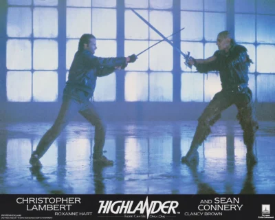 A sword fight between Connor MacLeod and The Kurgan